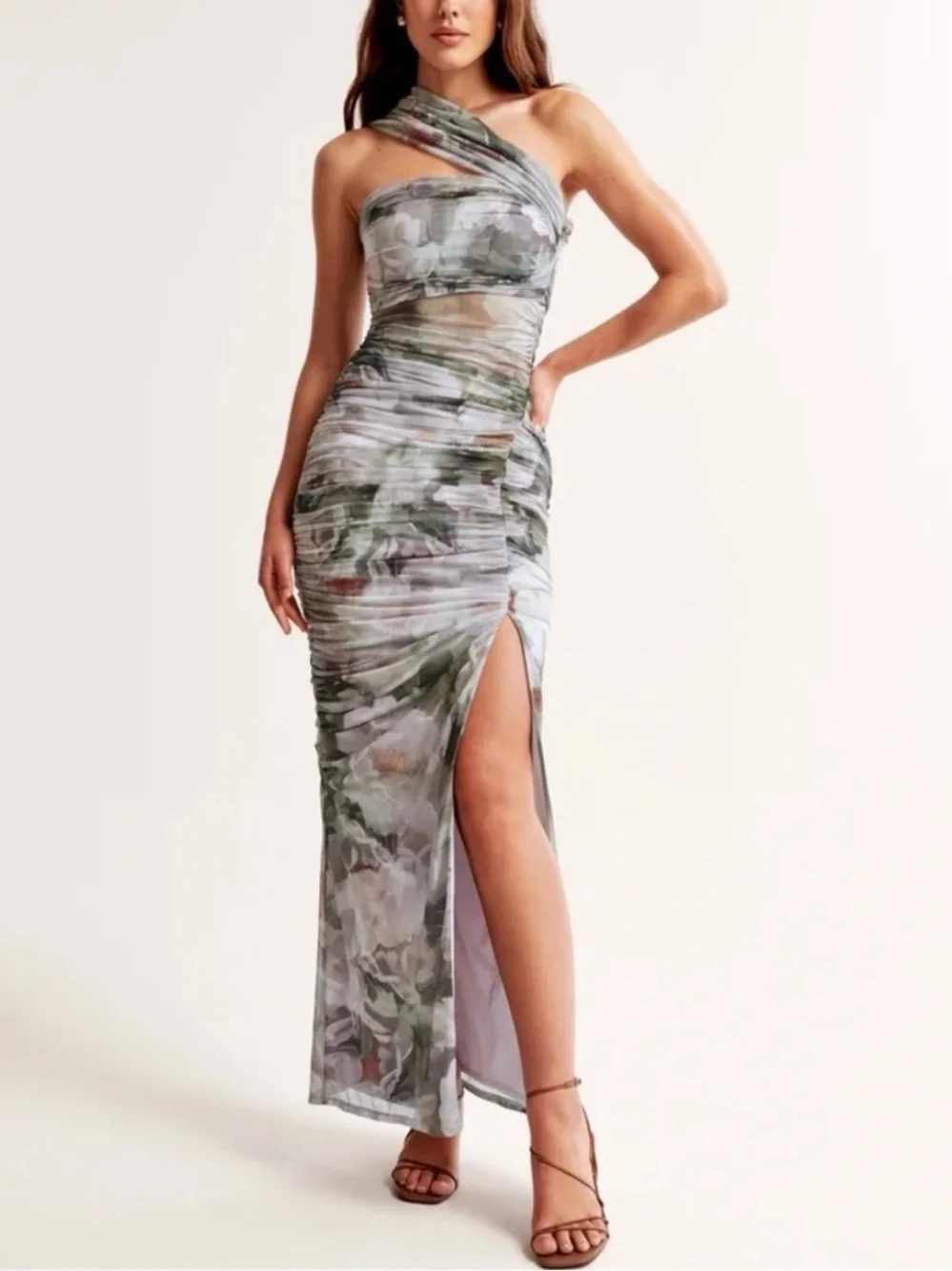 ABERCROMBIE & FITCH Mesh Asymmetrical Off-the-shoulder Draped Maxi Dress Small